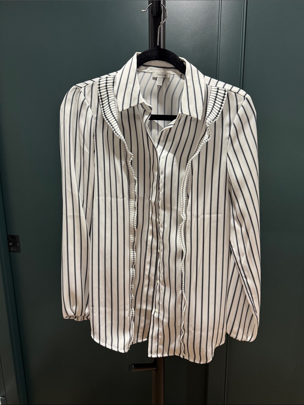 Tristan White Black Vertical Stripe Ruffle Trim Blouse